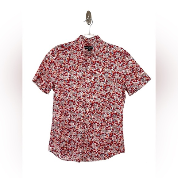 J. Crew Mercantile Flex Red Micro Floral Printed Button Up Short Sleeve Shirt - Picture 1 of 9